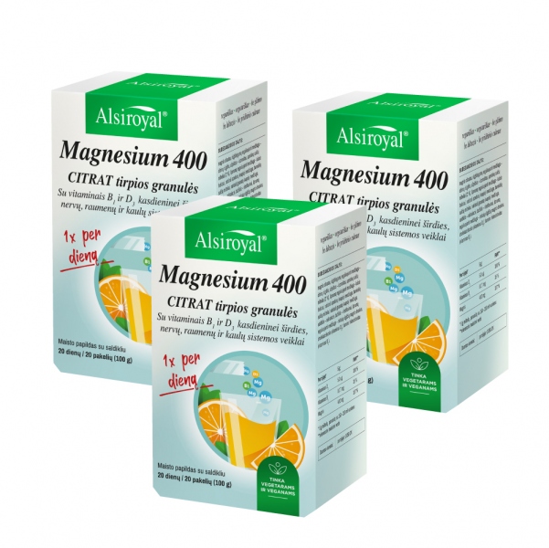 Alsiroyal Magnesium 400 Citrat tirpios granulės (3 vnt)