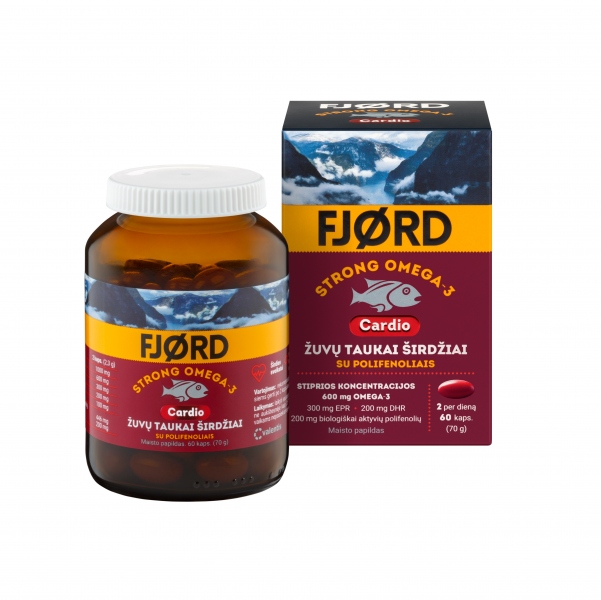 FJORD Strong Omega-3 Cardio žuvų taukai širdžiai su polifenoliais / AKCIJA 1+1