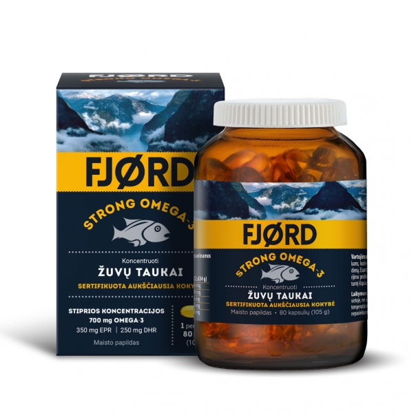 FJORD Strong Omega-3, žuvų taukai, 80 kapsulių / AKCIJA 1+1