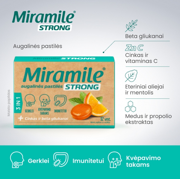 Miramile® STRONG augalinės pastilės su cinku ir beta gliukanais